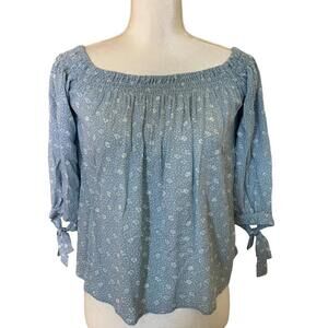 Blue Floral Off Shoulder Peasant Blouse Smocked Boho Tie Sleeves‎ Ruffle Small